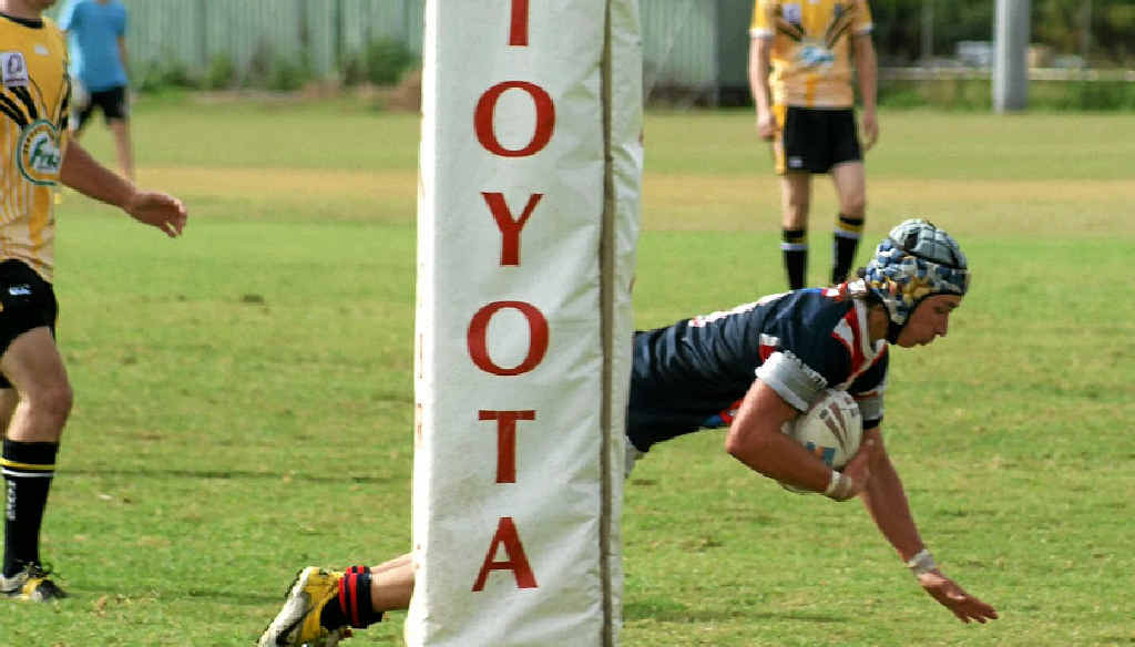 Callum Miller scores for Warwick in under-18 rugby league against Gatton on Sunday.